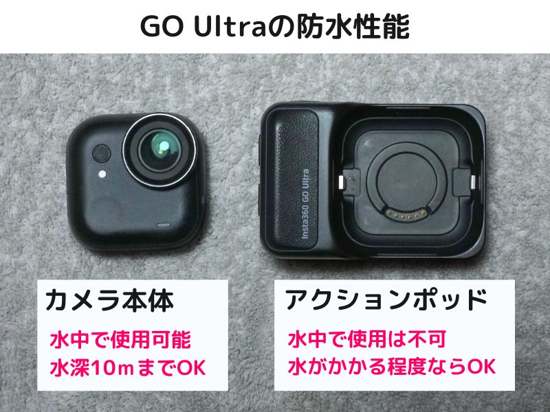 カメラ本体：水深10ｍまでの水中で使用可能（IPX8）、アクションポッド：水中で使用不可だが、水がかかる程度ならOK（IPX4）